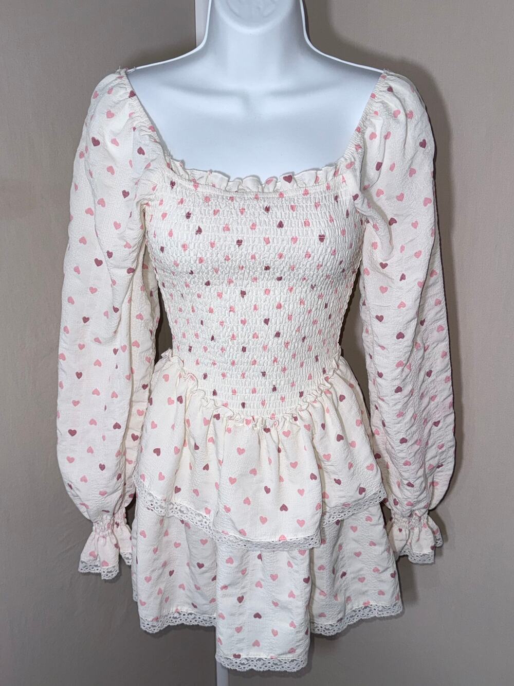 Evolutionary Heart Print Smocked Tiered Mini Dress XS